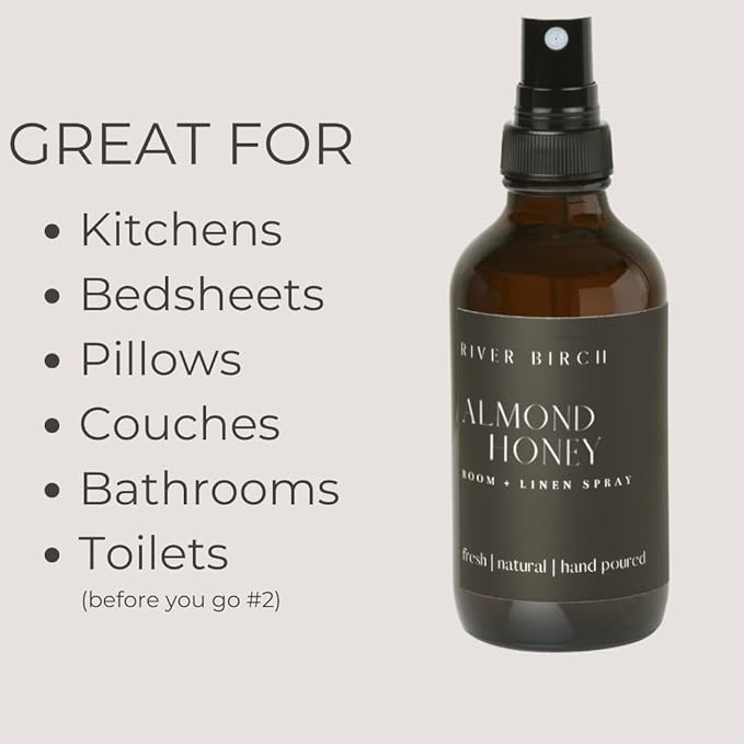 River Birch Almond Honey Scented Linen and Room Spray | Home Fragrance | 4 oz Glass Amber Bottle | Luxury Signature Scent | Handmade in Texas