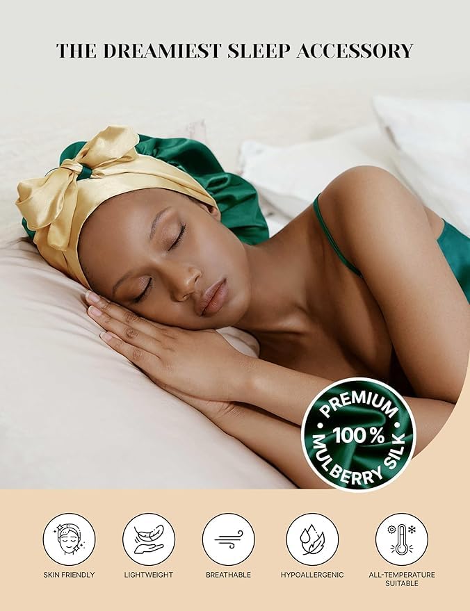 Real Silk Bonnet for Sleeping Women – Green – Adjustable Wonder Loop Tie, No-Slip Hair Bonnet, Reversible Silk Sleep Cap for Curly, Coily, Wavy & Straight Hair - Mothers Day Gift for Mom & Wife