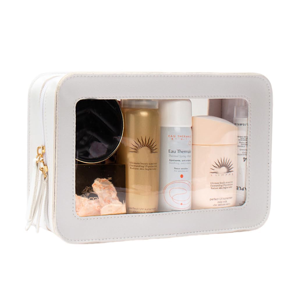 FFpaw Clear Makeup Bag, White Travel Makeup Pouch Toiletry Bag for Women Waterproof Small Cosmetic Bag Case Small Make Up Bag with Zipper Car Organizer Car Essentials for Women Men