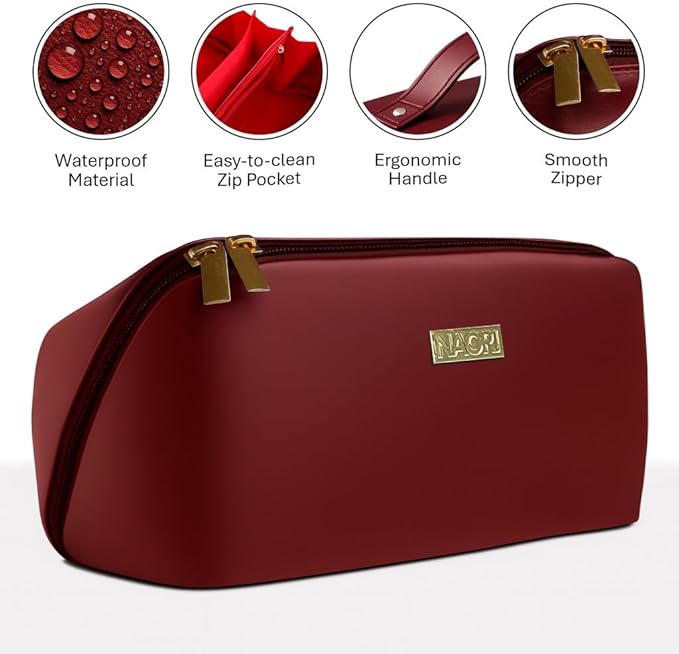 NAORI Travel Makeup Bag for Women | Large Luxury Cosmetic Organizer with Handle & Inner Pockets | Waterproof Faux LeatherToiletry Bag | Makeup Case for Home, Travel & Gifting (Classic Burgundy)