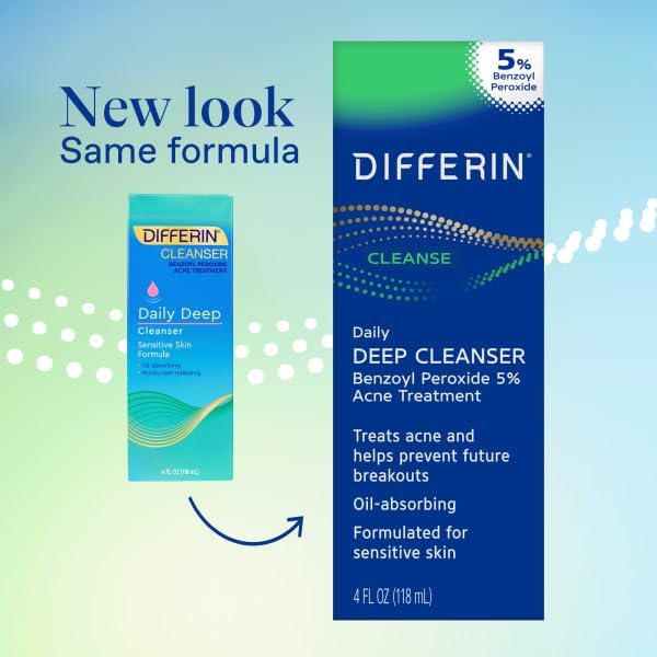 Differin Acne Face Wash, 5% Benzoyl Peroxide Daily Cleanser, 4oz