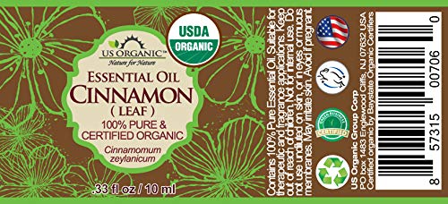 US Organic 100% Pure Cinnamon Leaf Essential Oil - USDA Certified Organic, Steam Distilled - W/Euro Dropper (More Size Variations Available) (10 ml /.33 fl oz)