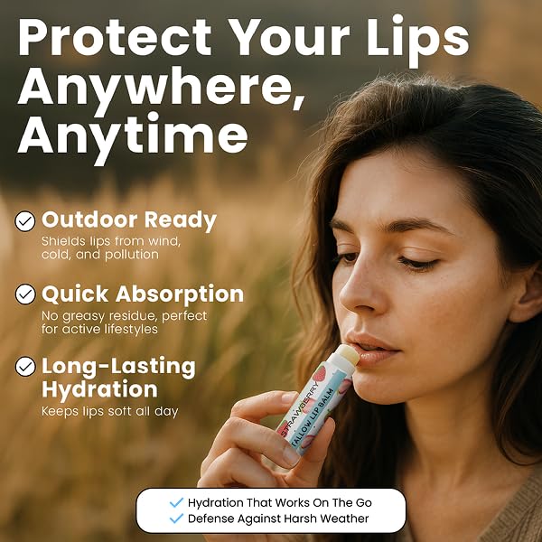 Tallow Lip Balm by Cattle Creek – All-Natural Ingredients, Long-Lasting Moisture and Hydration for Dry, Cracked, and Chapped Lips, Soothing Formula for Soft Skin (Pack of 3, Strawberry)