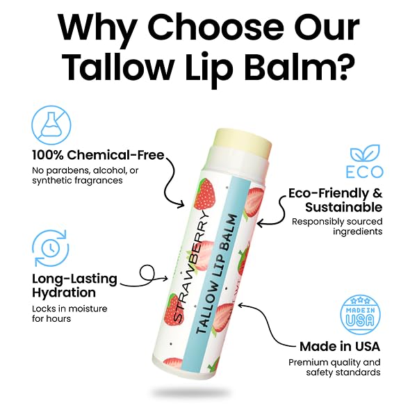 Tallow Lip Balm by Cattle Creek – All-Natural Ingredients, Long-Lasting Moisture and Hydration for Dry, Cracked, and Chapped Lips, Soothing Formula for Soft Skin (Pack of 3, Strawberry)