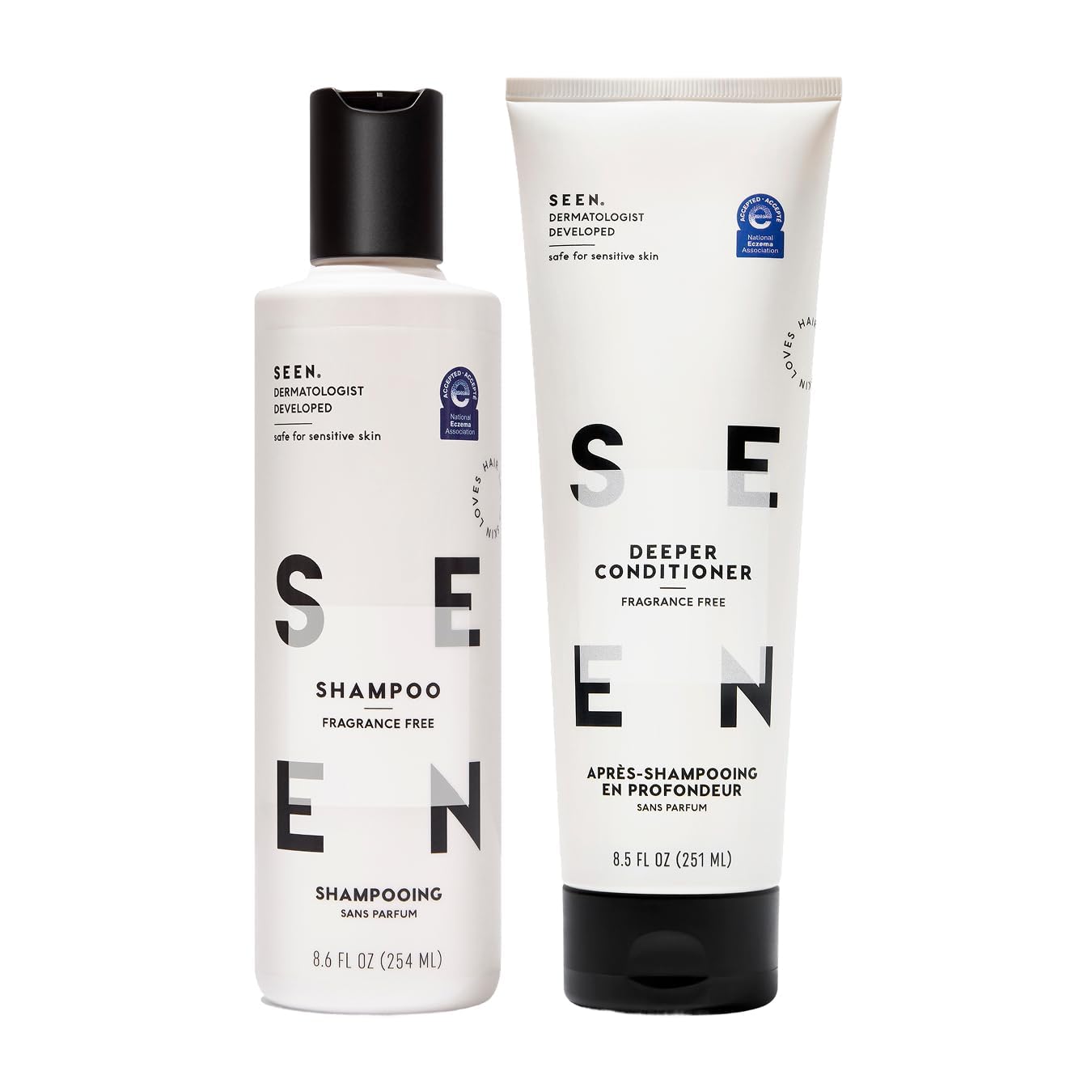 SEEN Shampoo & Deeper Conditioner Bundle, Fragrance Free - Non-Comedogenic Hair Care Set, Dermatologist-Developed, Safe for Sensitive, Eczema & Acne-Prone Skin