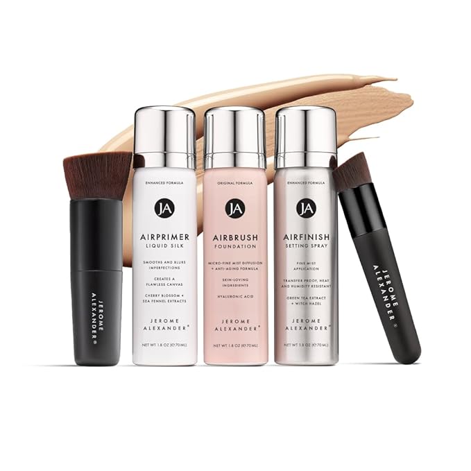 MagicMinerals AirBrush Foundation Set by Jerome Alexander - Complete 5pc Spray Makeup Set with Foundation, Primer, and Setting/Finishing Spray - for Smooth, Radiant Skin (Medium Dark)