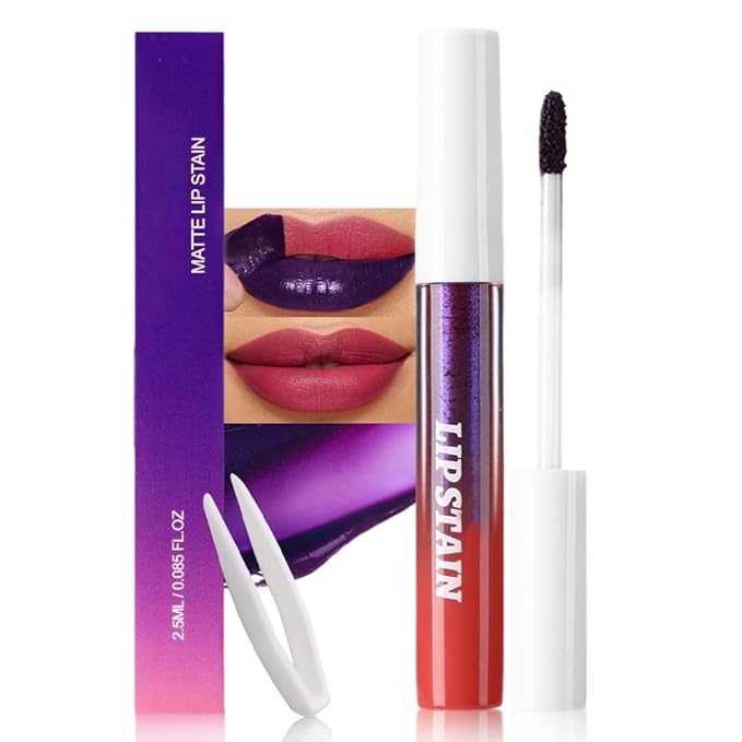 IATMOMOD Matte Liquid Lip Stain Peel Off Lip liner Tattoo with Tweezer, Mauve Red Liquid Lipstick Lipstain Long Lasting Waterproof for Women, Highly Pigmented Not Faded Smudge-proof Easy to Apply, 02