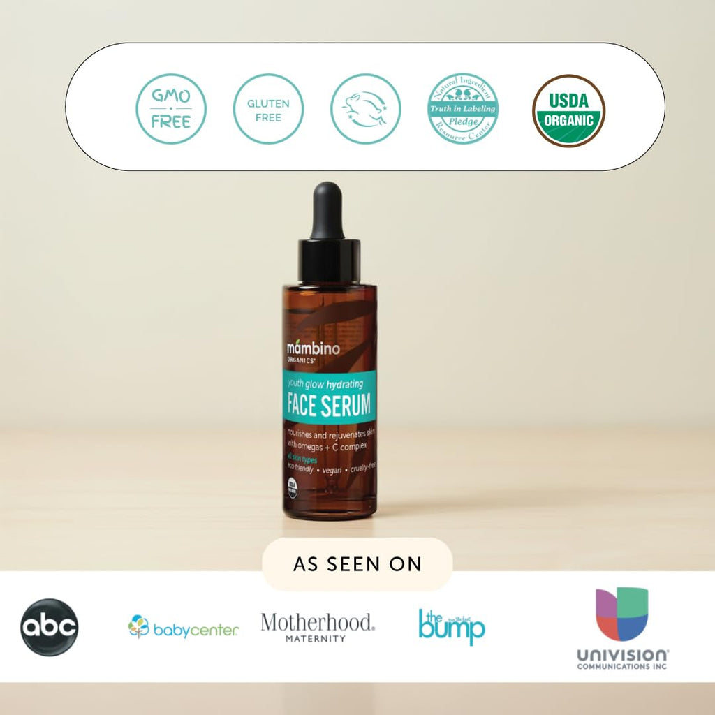 Mambino Organics Youth Glow Hydrating Serum, Vitamin C Face Serum with Marula, Rosehip Oil, Revitalizing Skin, Fades Dark Spots, Smooths Texture, Organic, Vegan, Skin Care, 1 fl oz