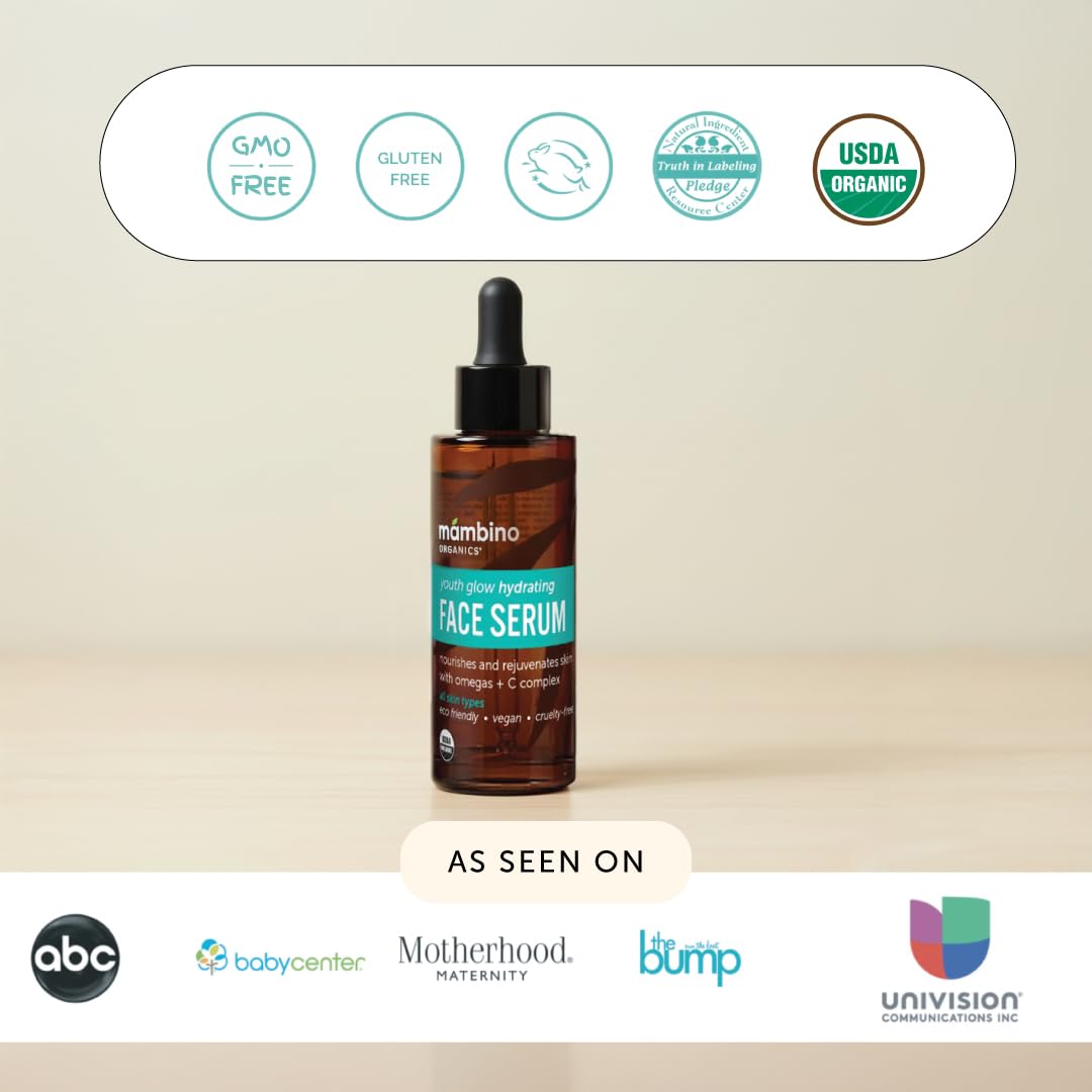 Mambino Organics Youth Glow Hydrating Serum, Vitamin C Face Serum with Marula, Rosehip Oil, Revitalizing Skin, Fades Dark Spots, Smooths Texture, Organic, Vegan, Skin Care, 1 fl oz