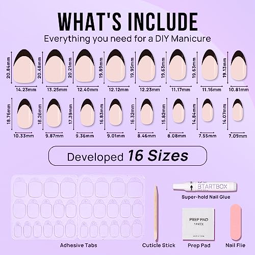 BTArtbox Press On Nails, Black French, Short Almond, Black Nude, 32Ct