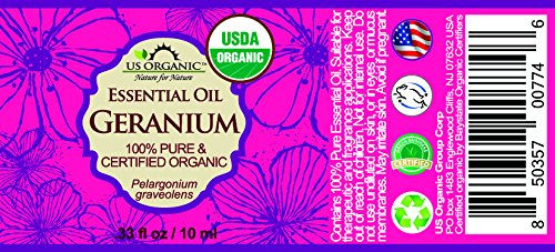 US Organic 100% Pure Geranium Essential Oil - USDA Certified Organic, Steam Distilled - W/Euro droppers (More Size Variations Available) (10 ml /.33 fl oz)