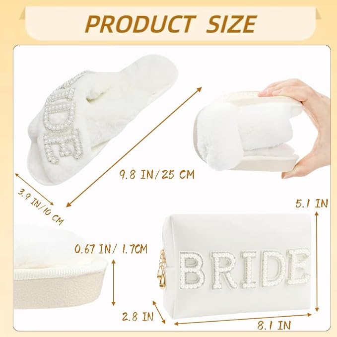 Kovewon Bridal Shower Gifts, Bride to Be Letter Makeup Bag with Pearl Rhinestone Fuzzy Bride Slippers Wedding Engagement Gifts for Her, Bachelorette gifts