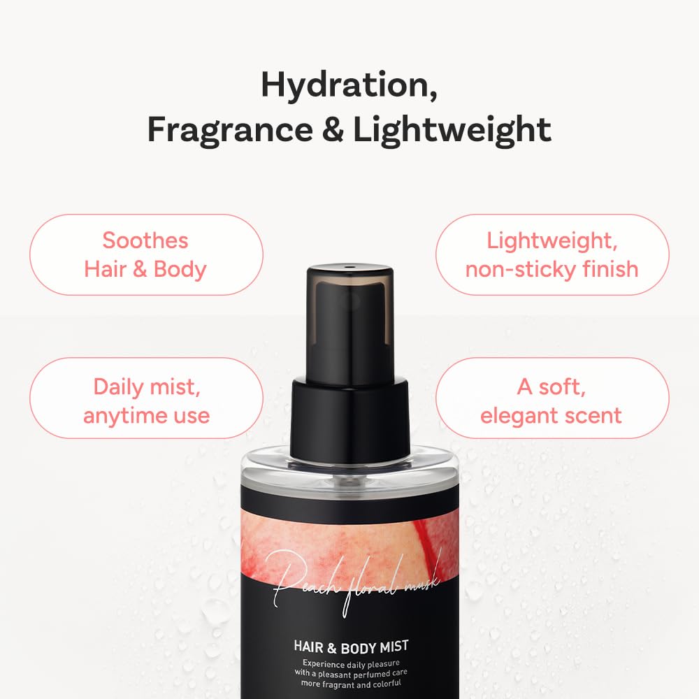Perfumed Hair Mist for Women – Castor Oil for Shine & Long-Lasting Scent, Clean Hair Perfume & Body Mist – Botanical Waters & 17 Amino Acids, Sulfate, Paraben, Silicone-Free – Peach Floral Musk, 125ml