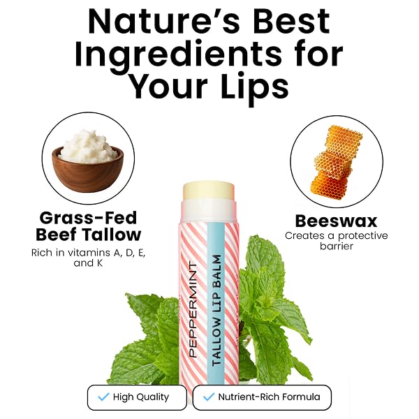 Tallow Lip Balm by Cattle Creek – All-Natural Ingredients, Long-Lasting Moisture and Hydration for Dry, Cracked, and Chapped Lips, Soothing Formula for Soft Skin (Pack of 3, Peppermint)