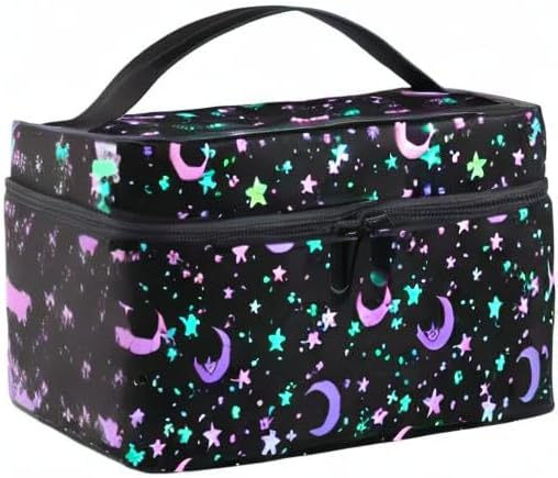 MNSRUU Makeup Bag, Crescents and Stars Makeup Organizer Bags Toiletry Bag Box Travel Cosmetic Bag Make Up Train Case for Women Teen Girl Ladies