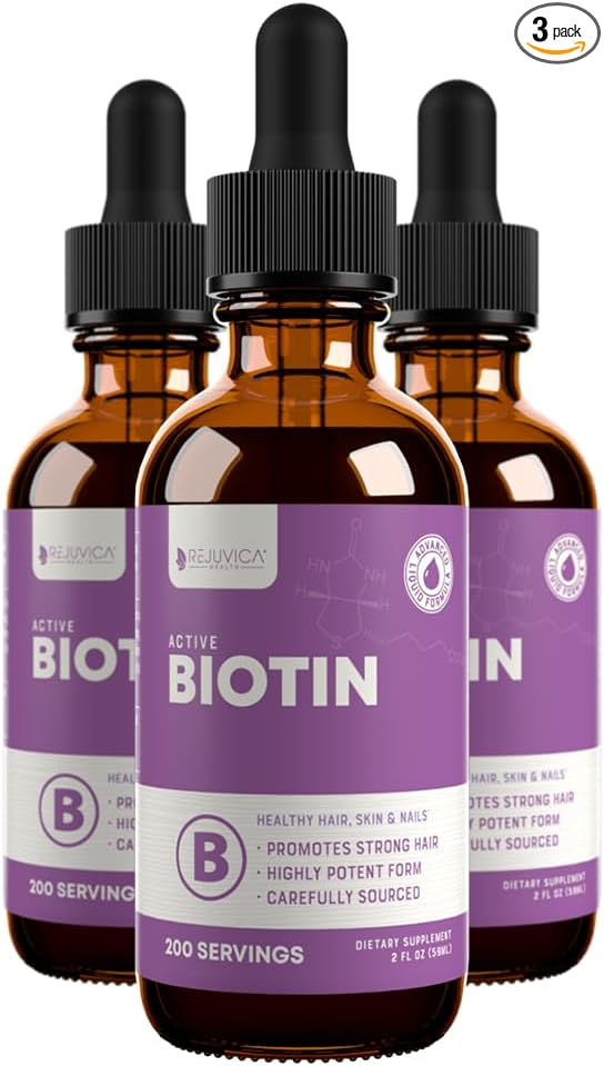 Rejuvica Health Active Biotin for Healthy Hair, Skin, and Nails | Convenient Liquid Dropper Absorbs Fast & Tastes Great | 3-Pack