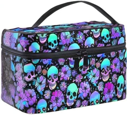 MNSRUU Goth Skull Makeup Bag, Gothic Skull Flowers Makeup Organizer Bags Toiletry Bag Box Travel Cosmetic Bag Make Up Train Case for Women Teen Girl Ladies