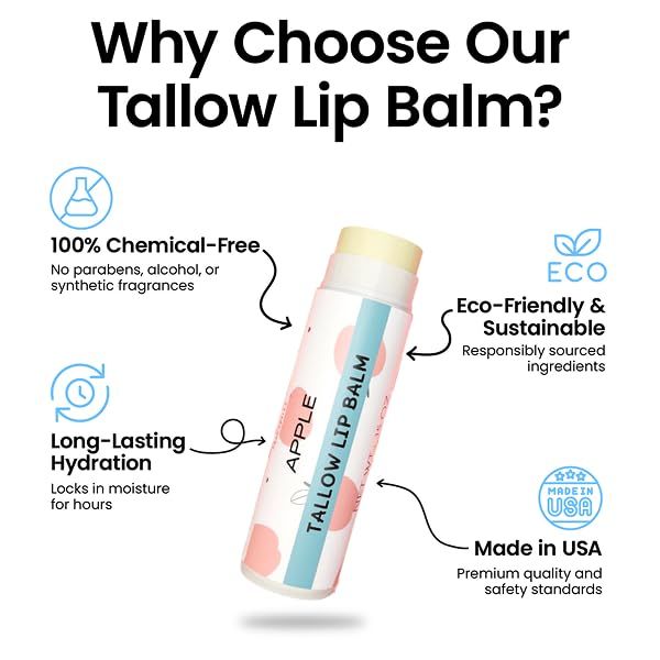Tallow Lip Balm by Cattle Creek – All-Natural Ingredients, Long-Lasting Moisture and Hydration for Dry, Cracked, and Chapped Lips, Soothing Formula for Soft Skin (Pack of 3, Apple)