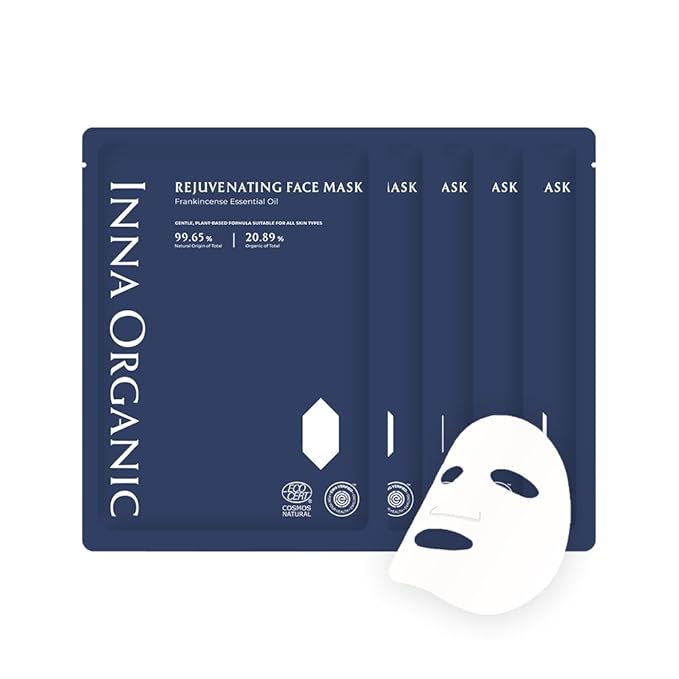INNA ORGANIC Organic Sheet Mask - Anti-aging & Tightening, EWG & COSMOS Certified (Pack of 5) | Frankincense Essential Oils Infused Skin Care | Luxury Clean Beauty