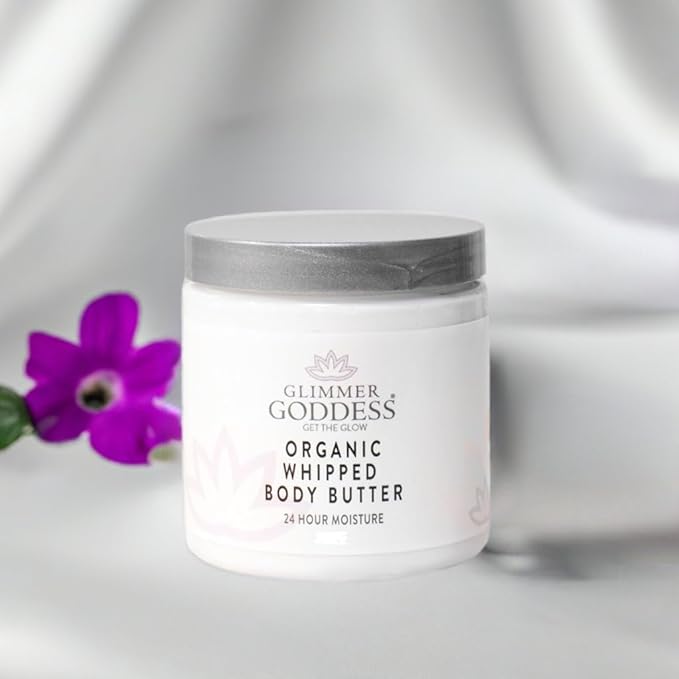 Glimmer Goddess Organic Whipped Body Butter for Women - Moisturizer Cream with Shea & Cocoa Butter, Almonds & Coconut Oil - Salted Caramel, 8oz