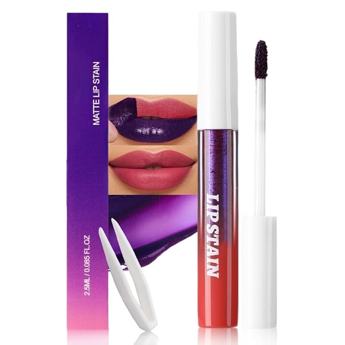IATMOMOD Matte Liquid Lip Stain Peel Off Lip liner Tattoo with Tweezer, Red Liquid Lipstick Lipstain Long Lasting Waterproof for Women, Highly Pigmented Not Faded Smudge-proof Easy to Apply, 03