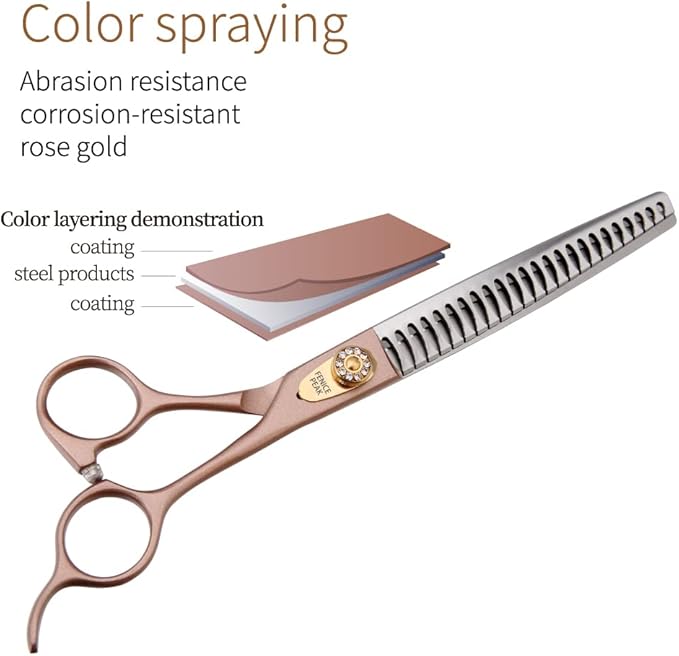 Fenice Peak 7.5'' Professional Dog Grooming Scissors Set Rose Gold 440C Stainless Steel Straight Thinning Curved Chunker Shears 4pcs Set for Pet Grooming Services Dogs and Cats