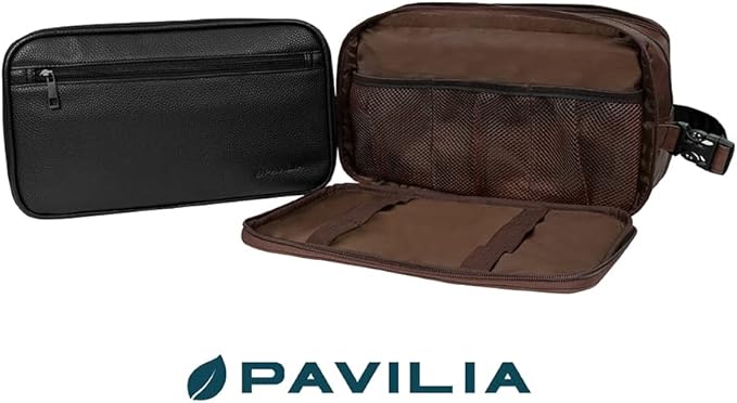 PAVILIA Toiletry Bag for Men, Travel Toiletries Bag | Water-resistant Dopp Kit, PU Leather Shaving Pouch Organizer for Accessories, Cosmetic, Hygiene, Grooming Essentials (XL, Black)