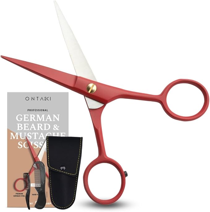 Ontaki 5" Beard & Mustache Scissor with Combs for Men - True Red