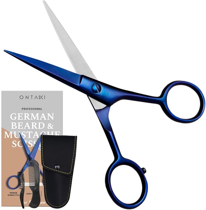 Ontaki 5" Beard & Mustache Scissor with Combs for Men - Midnight Blue