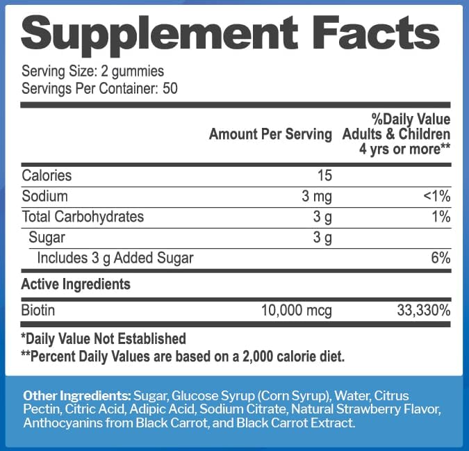 Biotin 10,000mcg Gummies for Hair Growth, Skin & Nails (100 Count)