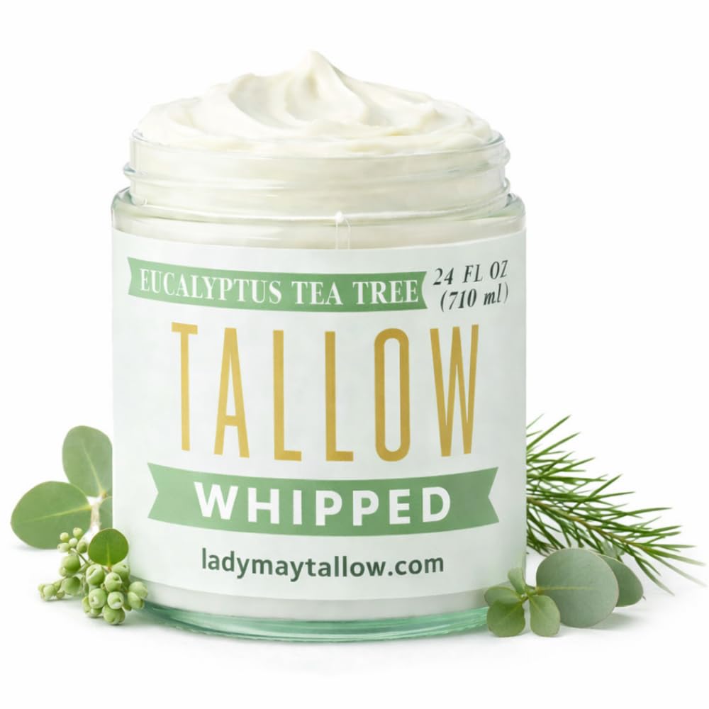 Lady May Tallow Whipped Tallow 2oz - All Natural Face Cream + Whole Body Moisturizer for Dry Skin - Made With Eucalyptus Oil - No Preservatives, Parabens or Seed Oils - USA Made (Eucalyptus Tea Tree)