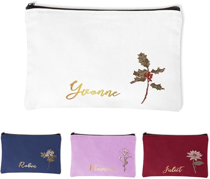 BYFDIY Custom Name Makeup Bag Personalized Name Birth Flower Small Cosmetic Bag Birthday Gifts For Women Mother Bridesmaid Size 7.9×5.5INCH