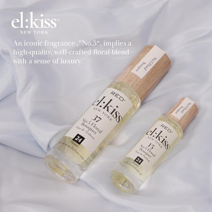 EL:KISS Roll On Perfume, No 5 Floral Bouquet, Eau de Parfum 12mL (.40 Fl Oz), Hydrating & Long-Lasting, Alcohol & Mineral Oil-Free, Infused with Jojoba, Argan & Coconut Oil