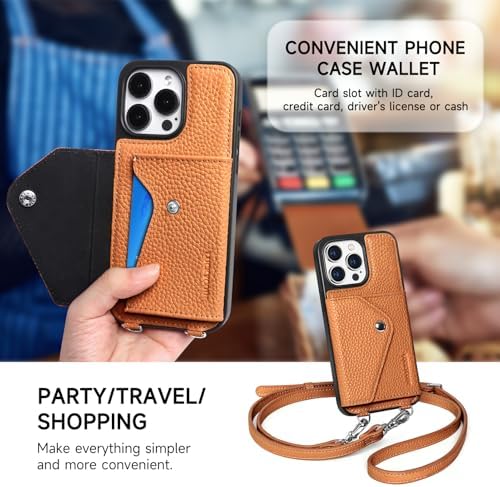 LUCKYCOIN Crossbody Phone Case for iPhone 15 Pro,100% Genuine Leather Phone Wallet Case for Women, Premium Hands-Free Phone Purse with Expandable Flip Card Holder & Adjustable Strap - Pebble Brown