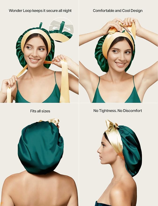 Real Silk Bonnet for Sleeping Women – Green – Adjustable Wonder Loop Tie, No-Slip Hair Bonnet, Reversible Silk Sleep Cap for Curly, Coily, Wavy & Straight Hair - Mothers Day Gift for Mom & Wife