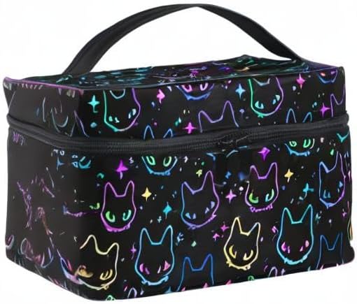 MNSRUU Goth Makeup Bag, Colorful Neon Cat Heads Makeup Organizer Bags Toiletry Bag Box Travel Cosmetic Bag Make Up Train Case for Women Teen Girl Ladies