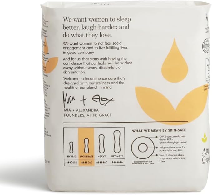 Attn: Grace Moderate Incontinence Pads for Women, 28-Pack - Plant-Based, High Absorbency, Breathable - Incontinence Pads for Moderate Bladder Leaks & Sensitive Skin