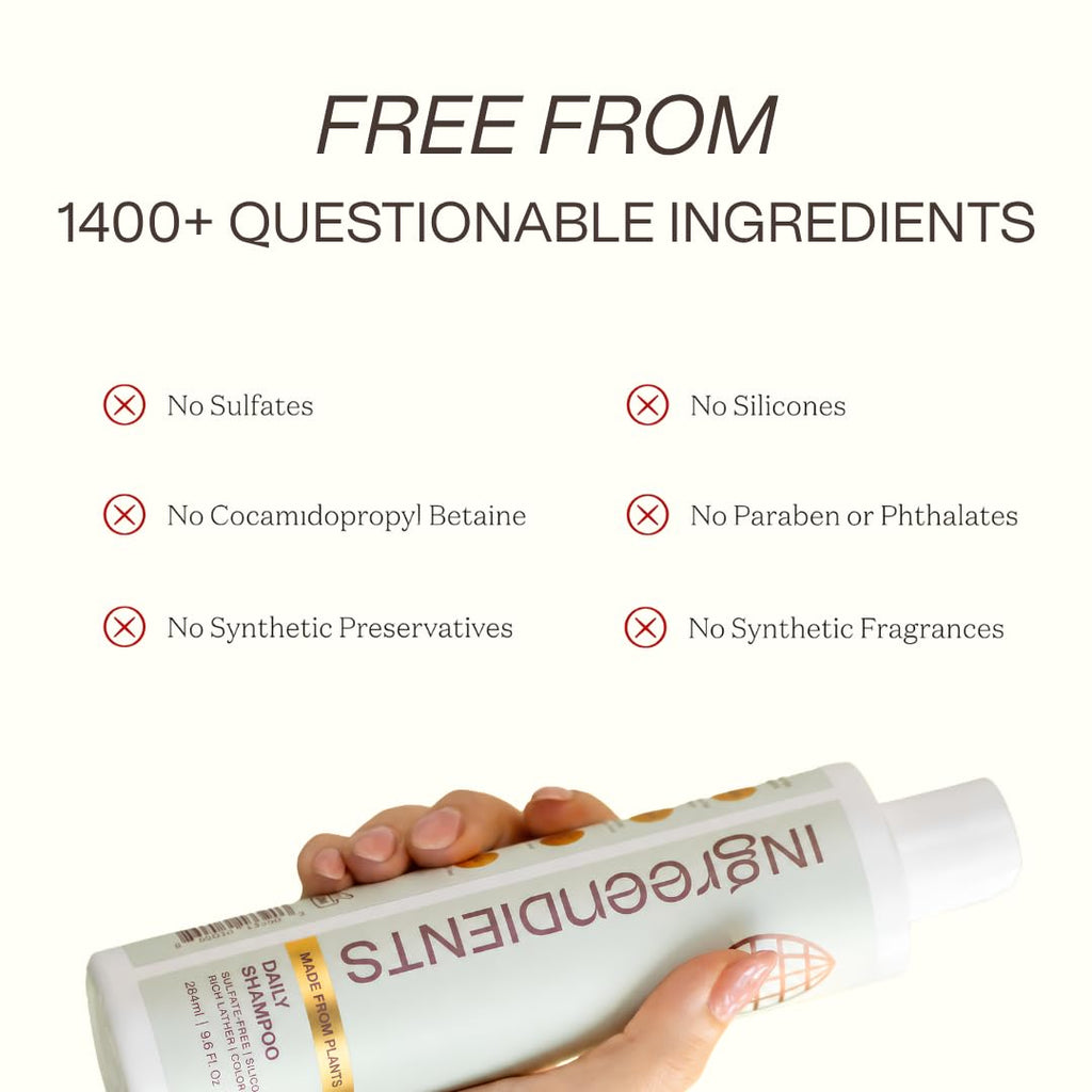 Ingreendients Natural Shampoo With Organic Ingredients - Sulfate Free, Color Safe, Non Toxic With Tea Tree Oil & Apple Cider Vinegar, Vegan, Gluten Free, pH Balanced