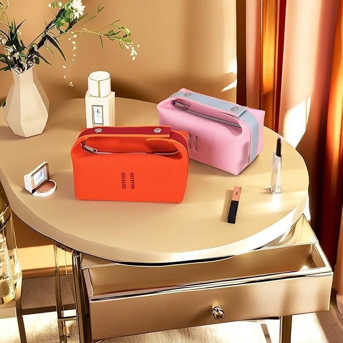 Sluxa Fashion Makeup Bag for Women, Orange Red Canvas Make up Travel Bag,Luxury Cosmetic Bag Organizer for Women(Full updated)