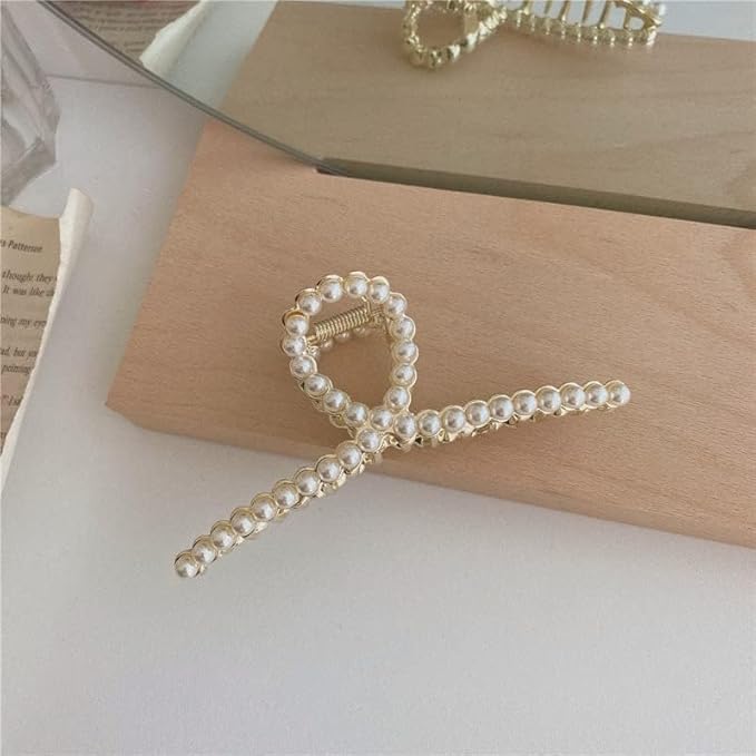 2 Pack Matte Gold and Pearl Hair Claws for Women: Large Metal Clips with Pearls for Thick Hair - Non-Slip Crab Claws and Strong Cross Barrettes