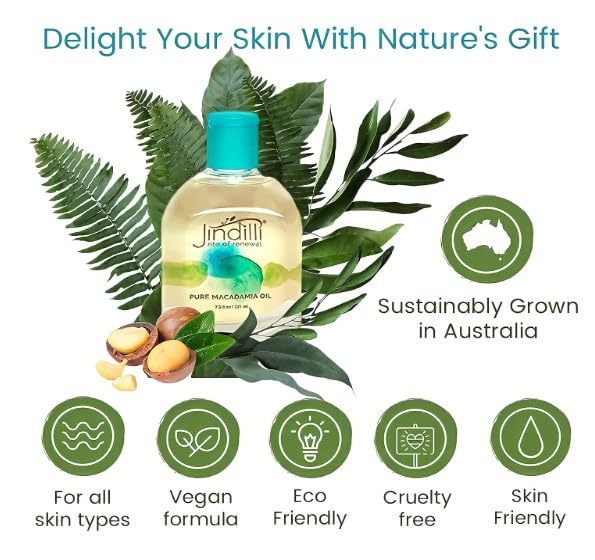 Jindilli Pure Macadamia Oil-Australian Cold-Pressed Refined, Filtered, All-Natural, Cruelty-Free-Travel Moisturizer for Hair, Skin, Nails, Massag-Sensitive Skin, Eczema, Rosacea and Psoriasis-3.4 oz
