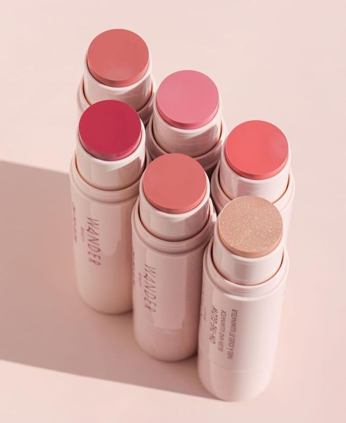 Wander Beauty On-the-Glow Blush and Illuminator - Sienna Sunset/Nude Glow - 7-in-1 Hydrating Cream Blush & Highlighting Stick - Stick Blush for Cheeks, Lip & Body - Highlighter Makeup & Blush - 0.4 oz
