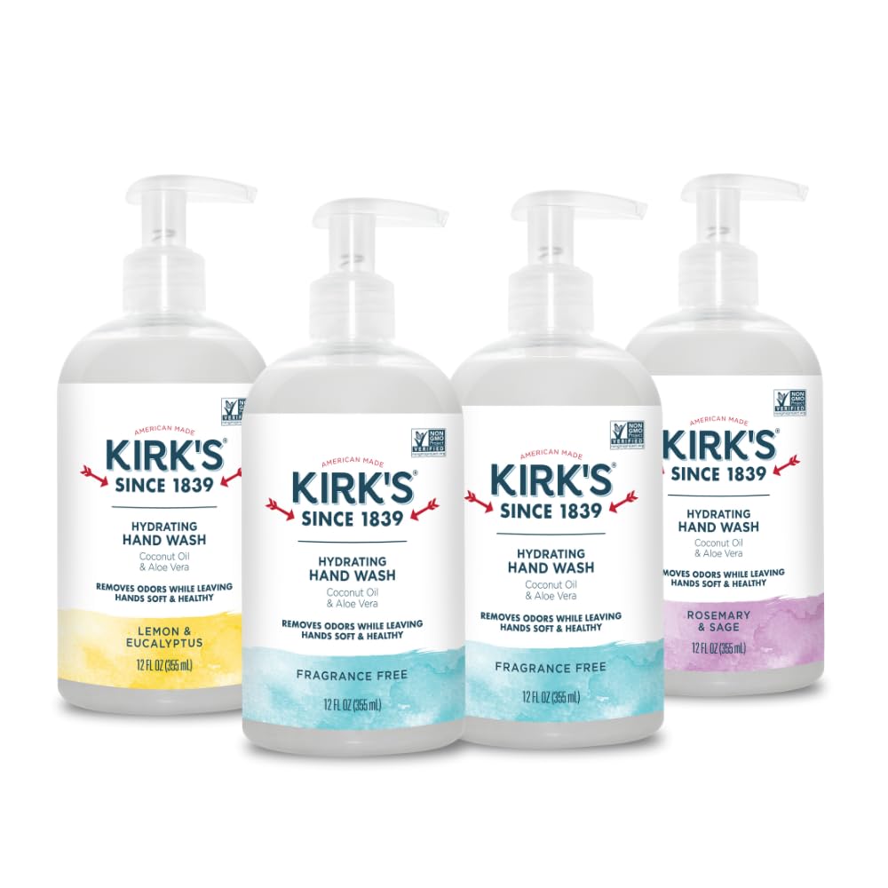 Kirk's Hydrating Hand Wash - Made with Coconut Oil and Aloe Vera, With Odor Neutralizing Technology To Help Eliminate Odors, Non-GMO, Vegan, Rosemary & Sage, 12 Fl Oz. 4 pack
