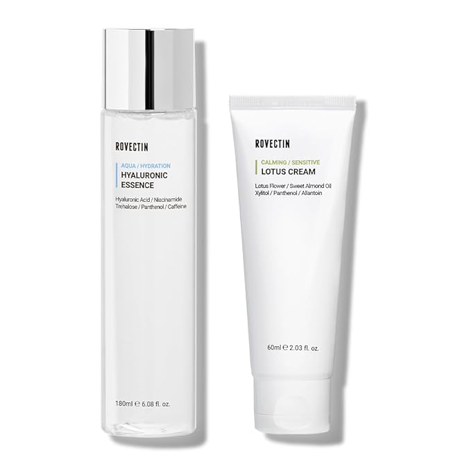 ROVECTIN 2-Step Hydrating & Calming Set – Aqua Hyaluronic Essence & Calming Lotus Cream with Niacinamide, Deep Moisturizing, Plumping, and Soothing Daily Routine, Vegan Korean Skincare Set