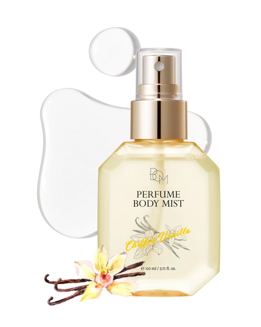 BOM Chiffon Vanilla Body Mist 3.71 Fl Oz, Vanilla Scented Fine Mist with Hyaluronic Acid, Niacinamide & Vitamin C, Hydrating, Lightweight, Korean Skincare