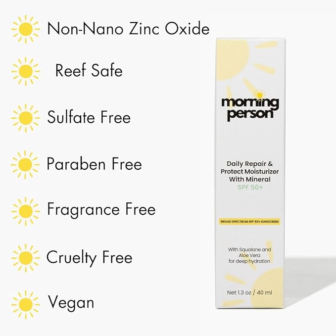 Mineral SPF 50+ Face Moisturizer with Non-Nano Zinc Oxide + Squalane | 2-in-1 Daily Moisturizer & Sunscreen | No White Cast | For Women 35+ | Reef Safe, Fragrance-Free | Morning Person Beauty