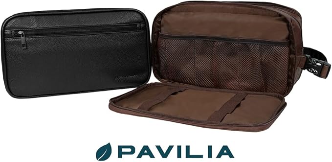 PAVILIA Toiletry Bag for Men, Travel Toiletries Bag | Water-resistant Dopp Kit, PU Leather Shaving Pouch Organizer for Accessories, Cosmetic, Hygiene, Grooming Essentials (Dark Brown)