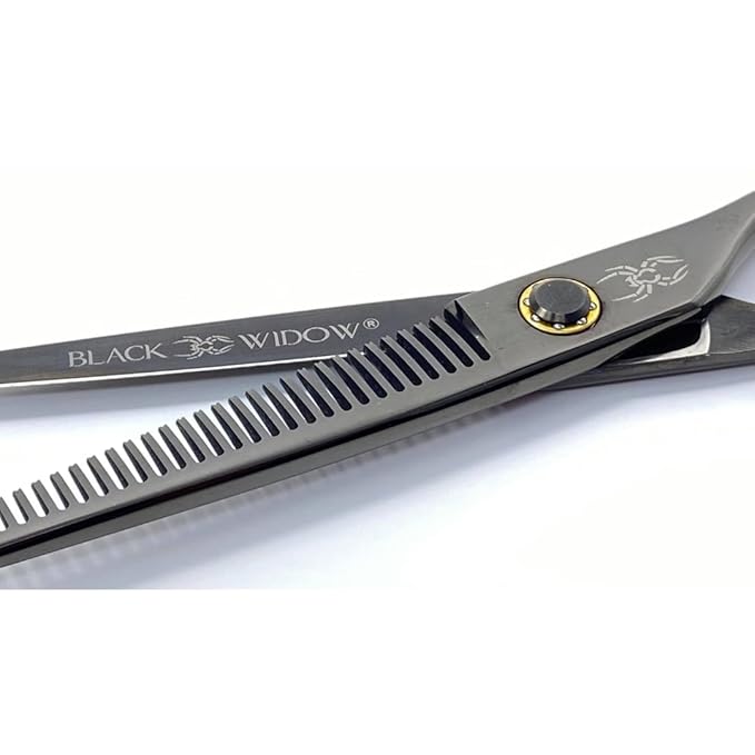 Black Widow Dos Manos Hair Thinning Shears, 6 Inch Ambidextrous Barber Blending & Texturizing Scissors, Japanese Stainless Steel, Adjustable Tension Screw
