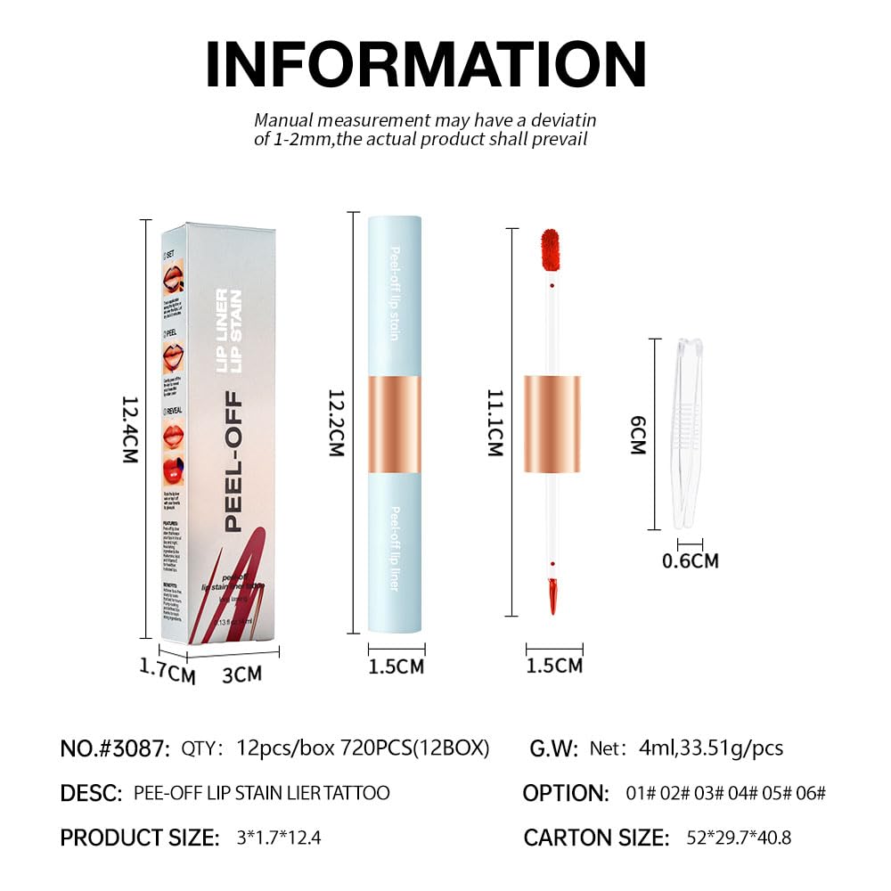 Matte Lip Stain Peel Off Lip Gloss& Lip Liner 2-in-1: One end defines lips with precision liner, the other peels off to reveal long-lasting, waterproof, smudge-proof, transfer-proof matte color.6#