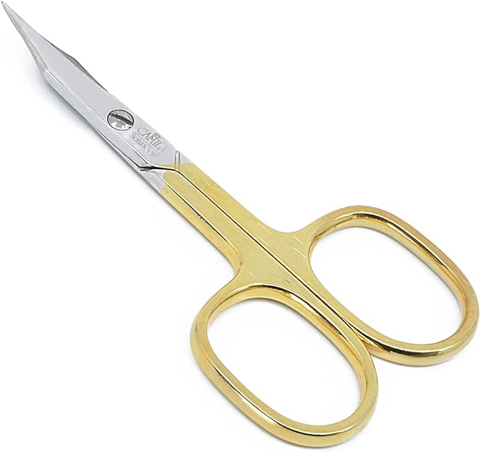 Camila Solingen CS03 Professional Nail Cuticle Scissors, Hypoallergenic Gold Plated Sharp Curved Manicure Pedicure Grooming for Finger and Toe Nail Care. Made of Carbon Steel in Solingen, Germany